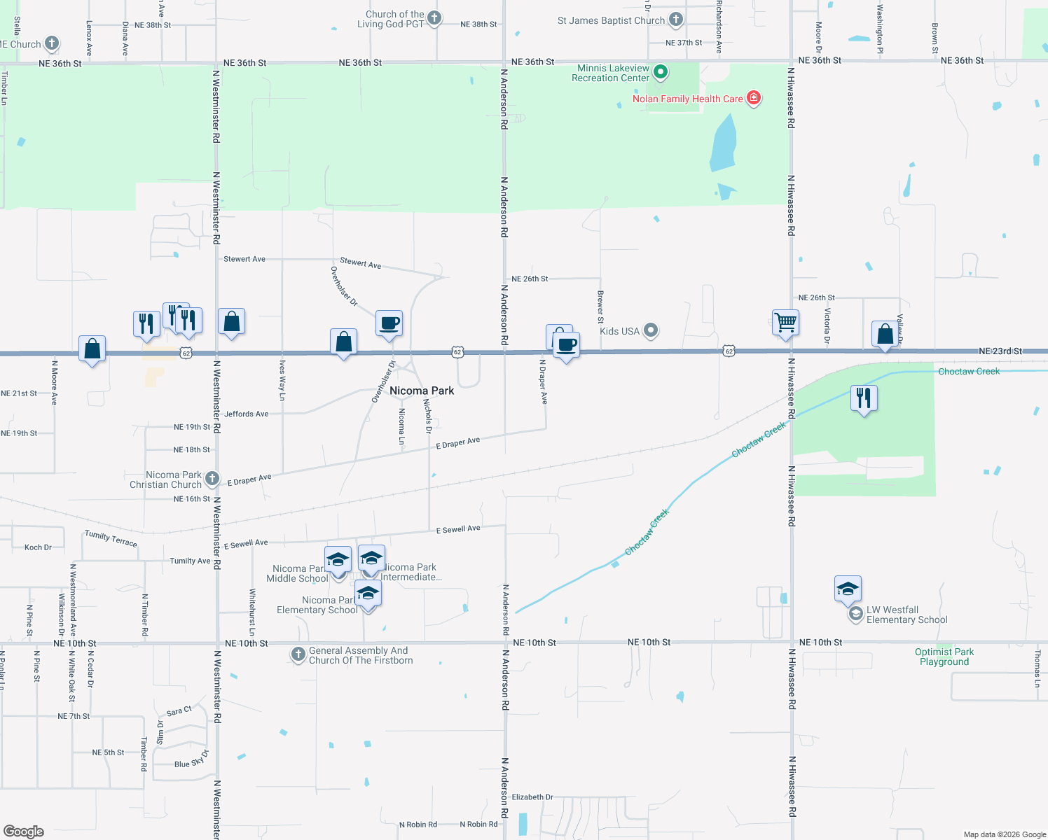 map of restaurants, bars, coffee shops, grocery stores, and more near 12007 East Draper Avenue in Choctaw