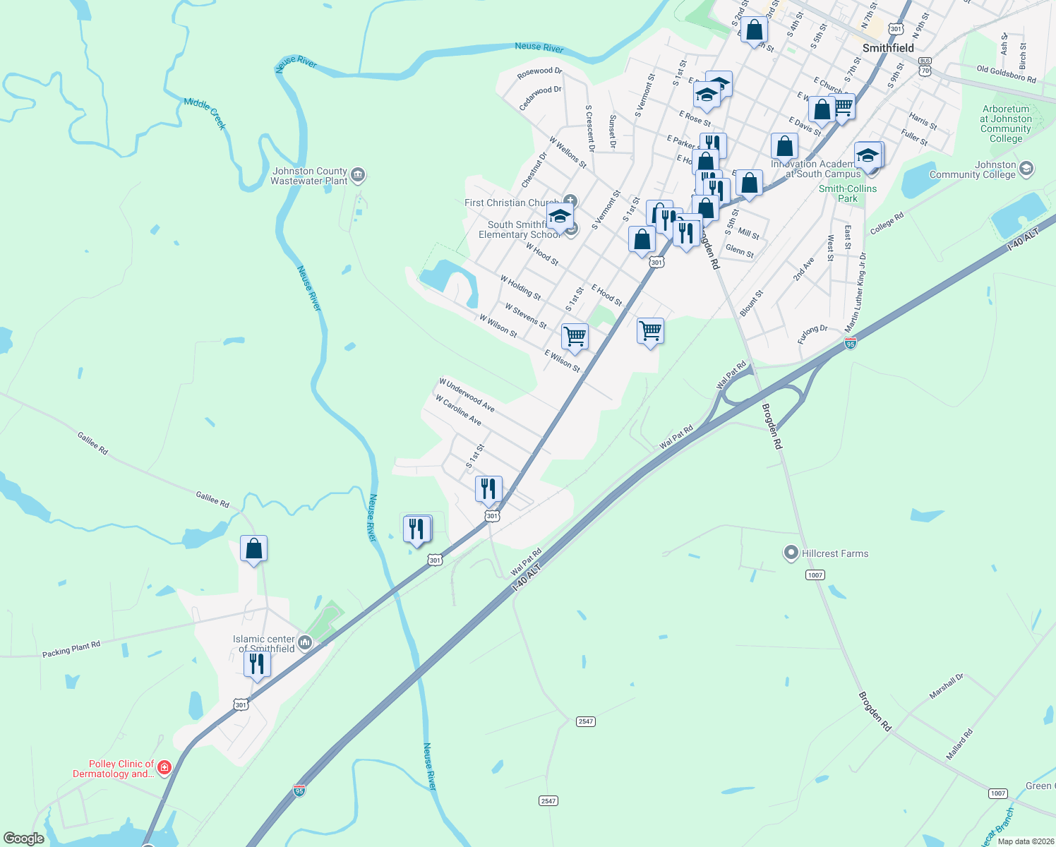 map of restaurants, bars, coffee shops, grocery stores, and more near 205 East Underwood Avenue in Smithfield