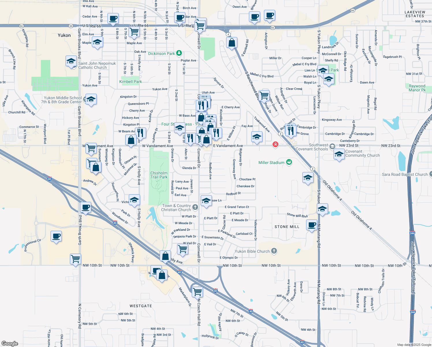 map of restaurants, bars, coffee shops, grocery stores, and more near 107 Palm Ave in Yukon