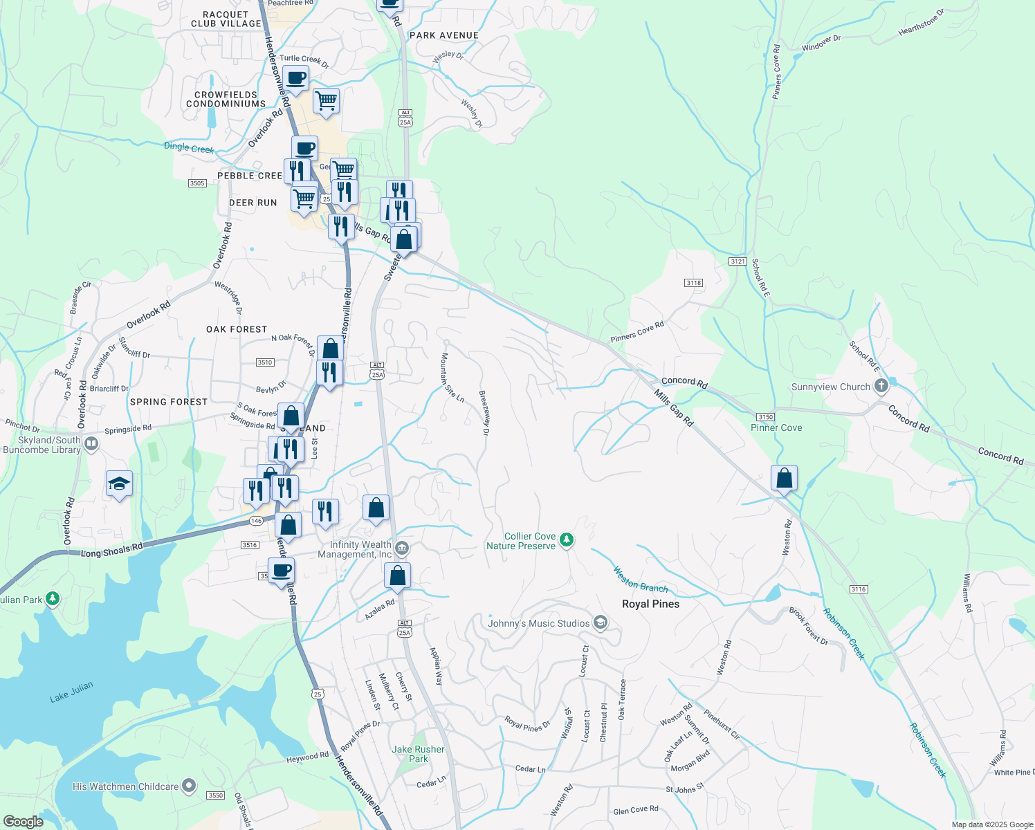 map of restaurants, bars, coffee shops, grocery stores, and more near 170 Treetops Lane in Asheville