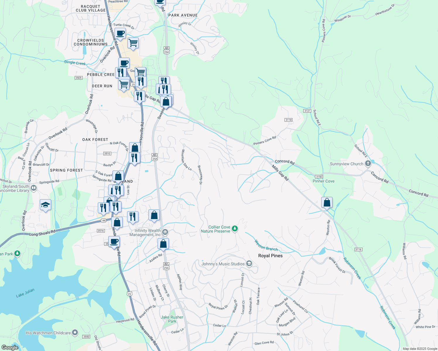 map of restaurants, bars, coffee shops, grocery stores, and more near 170 Treetops Lane in Asheville