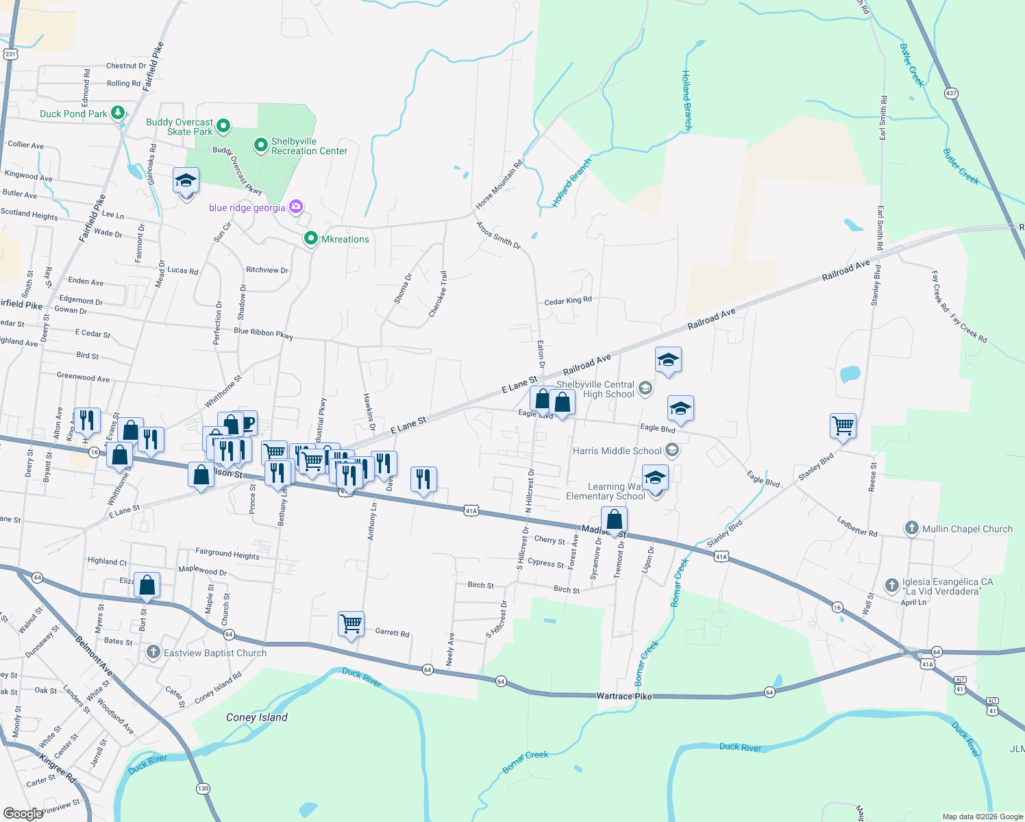 map of restaurants, bars, coffee shops, grocery stores, and more near 101 Eagle Boulevard in Shelbyville