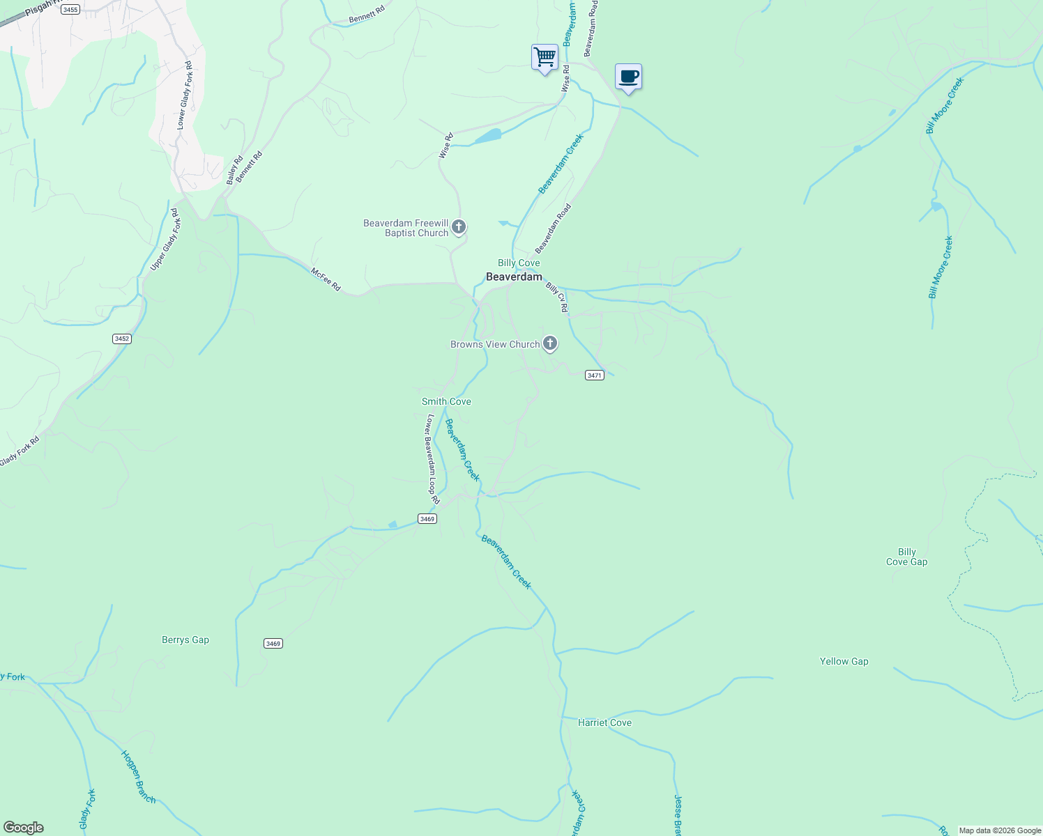 map of restaurants, bars, coffee shops, grocery stores, and more near 296 Upper Beaverdam Loop Road in Candler