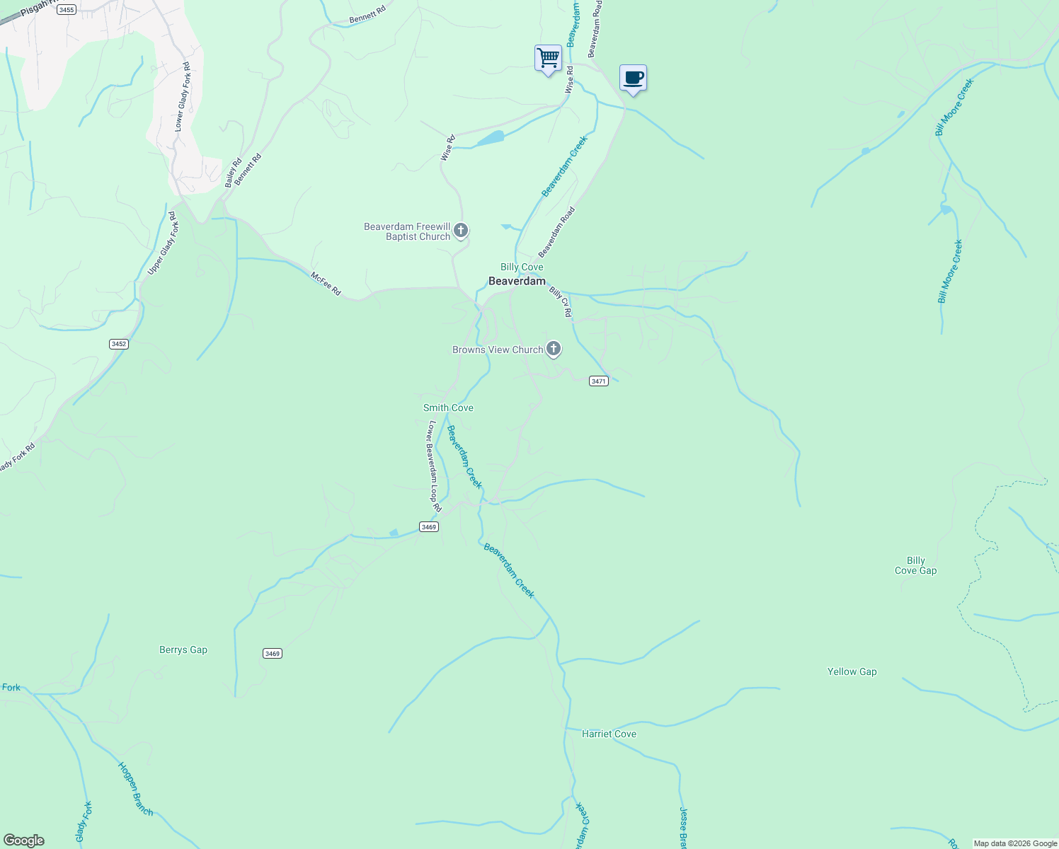 map of restaurants, bars, coffee shops, grocery stores, and more near 296 Upper Beaverdam Loop Road in Candler