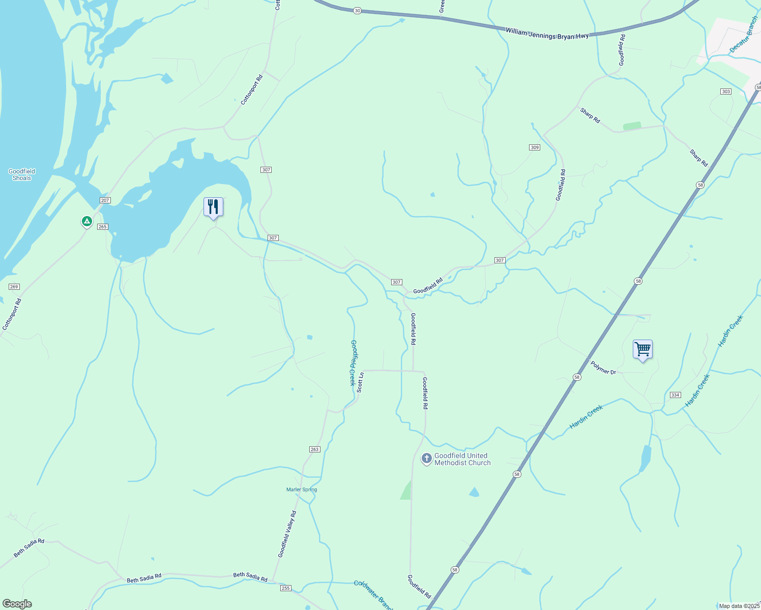 map of restaurants, bars, coffee shops, grocery stores, and more near 2574 Goodfield Road in Decatur