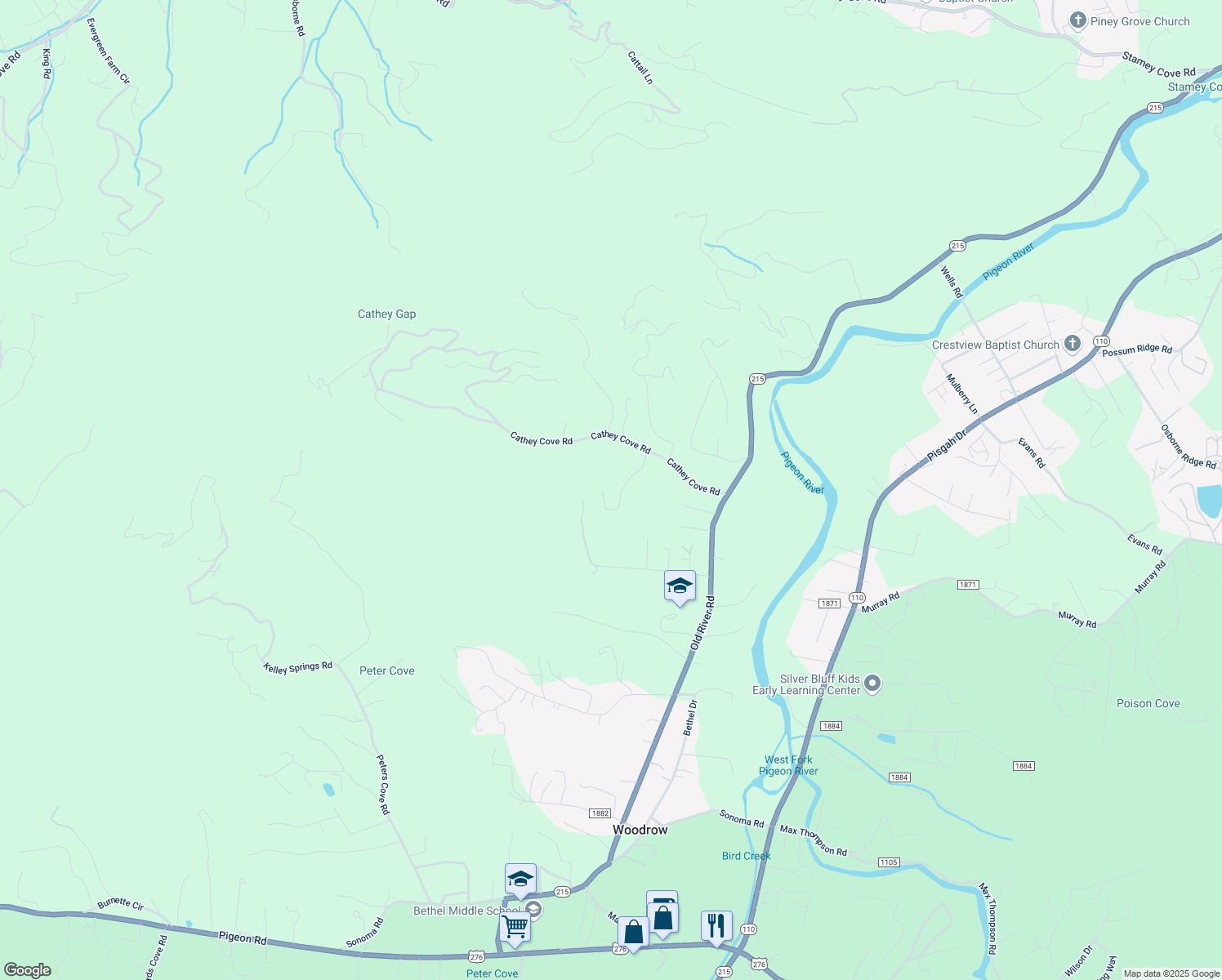 map of restaurants, bars, coffee shops, grocery stores, and more near 350 Oscar Banks Way in Waynesville