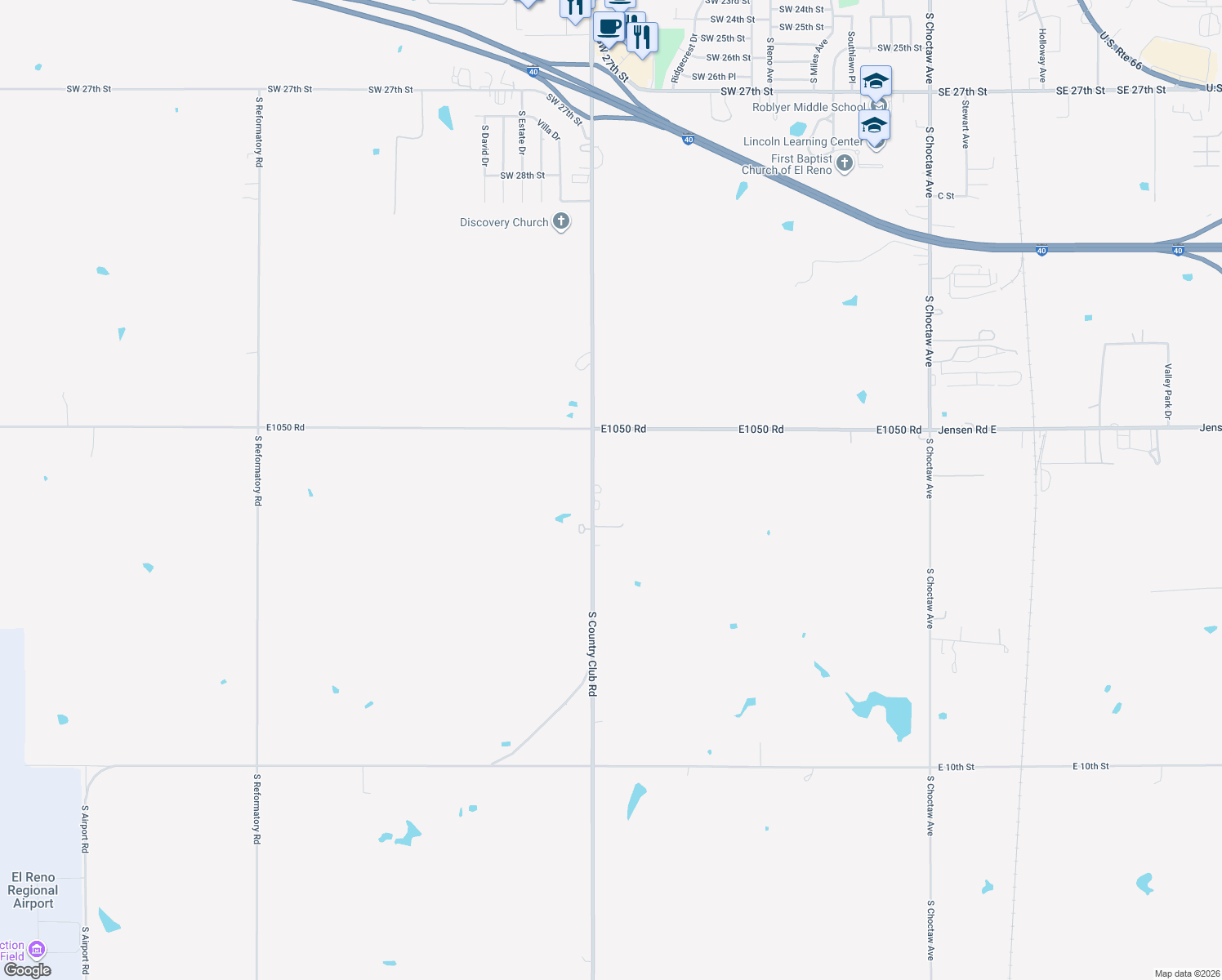 map of restaurants, bars, coffee shops, grocery stores, and more near 4405 South Country Club Road in El Reno