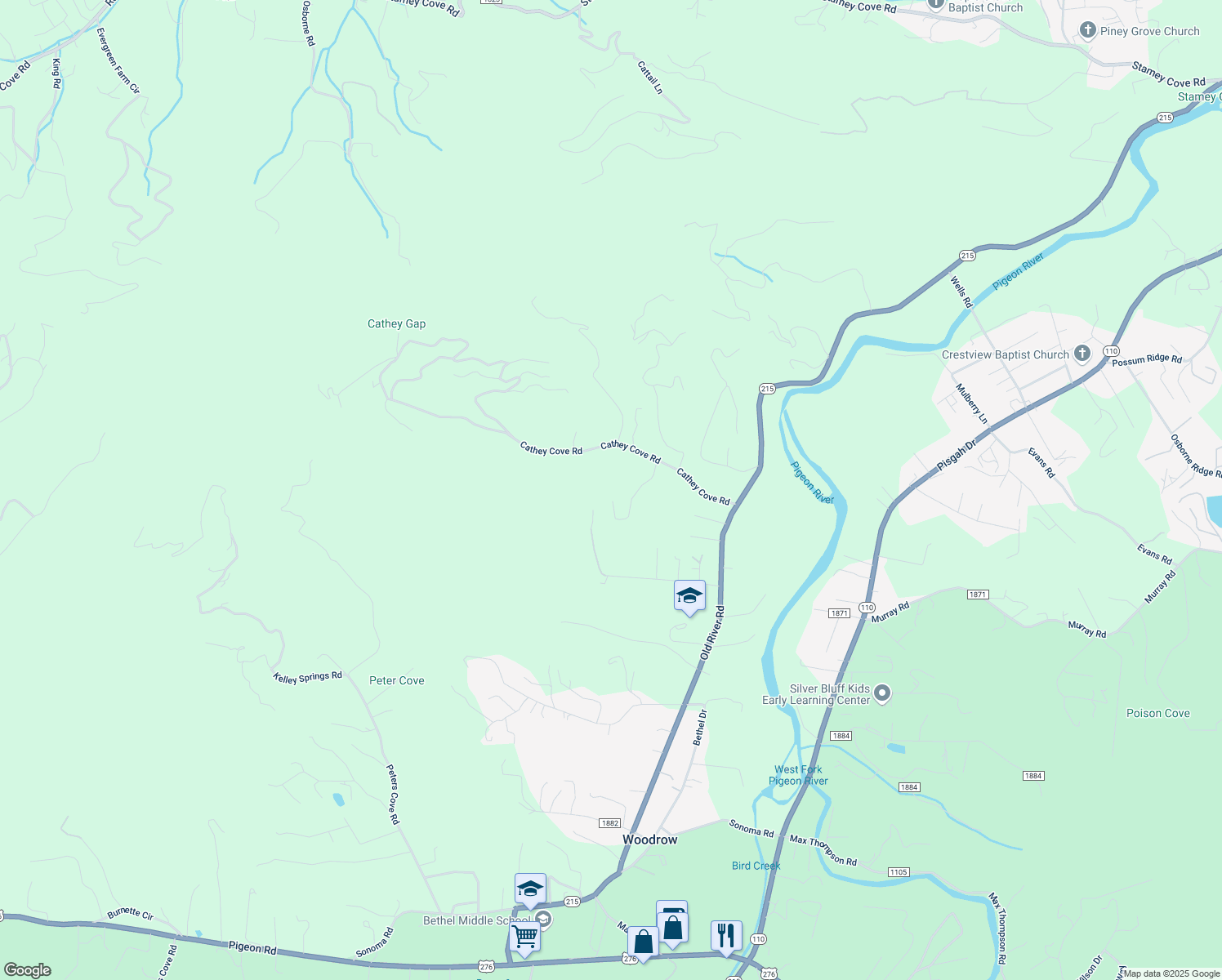 map of restaurants, bars, coffee shops, grocery stores, and more near 350 Oscar Banks Way in Waynesville