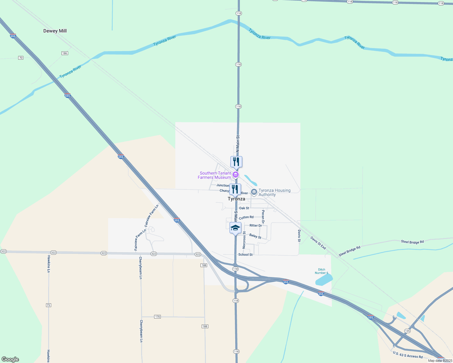 map of restaurants, bars, coffee shops, grocery stores, and more near 137 Chickasaw Street in Tyronza