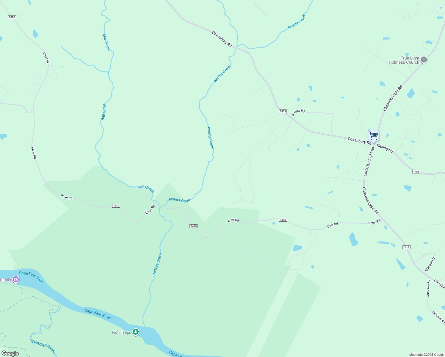 map of restaurants, bars, coffee shops, grocery stores, and more near River Road in Fuquay-Varina