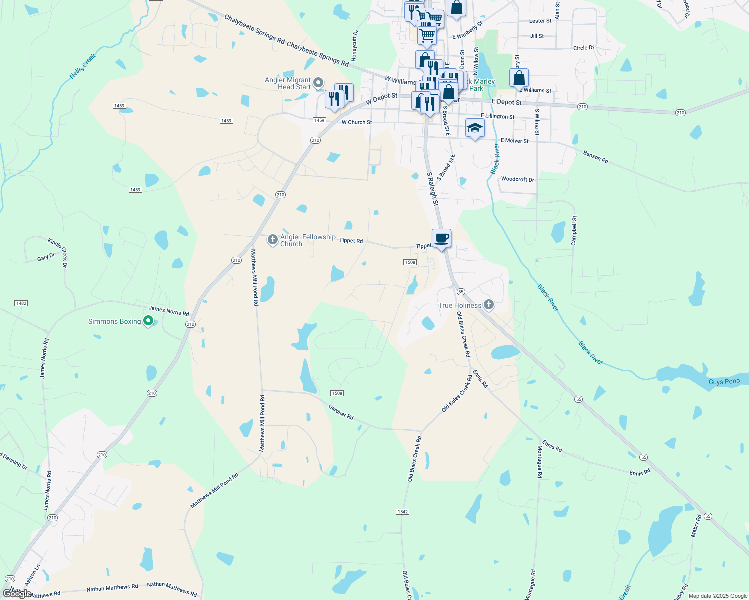 map of restaurants, bars, coffee shops, grocery stores, and more near 78 Foxfield Ct in Angier