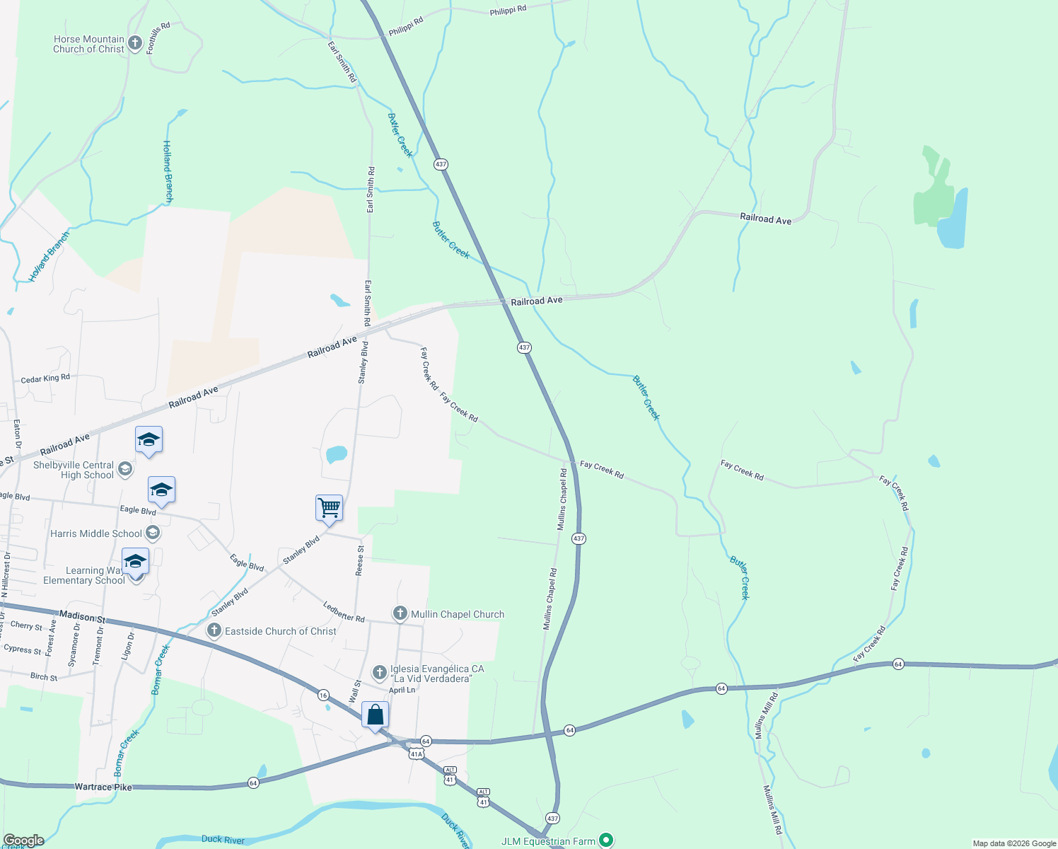 map of restaurants, bars, coffee shops, grocery stores, and more near 255 Fay Creek Road in Wartrace