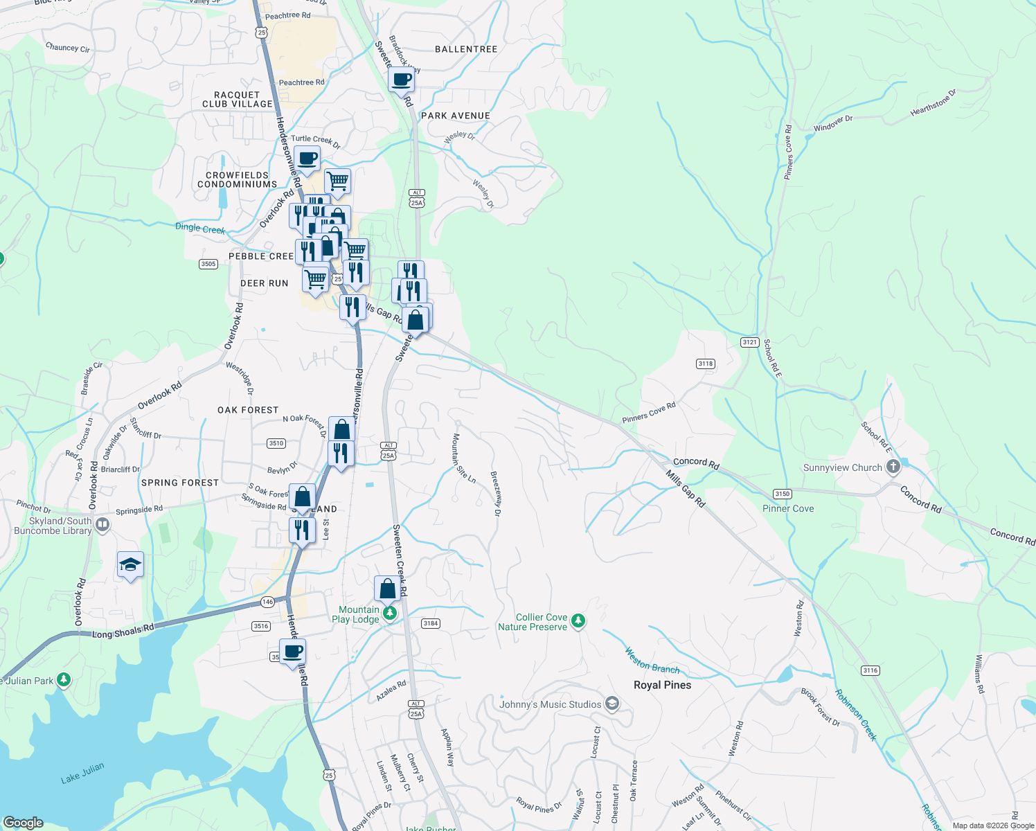 map of restaurants, bars, coffee shops, grocery stores, and more near 127 Poppy Lane in Asheville