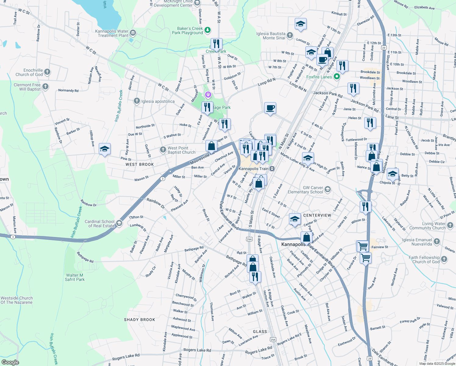 map of restaurants, bars, coffee shops, grocery stores, and more near Dale Earnhardt Blvd in Kannapolis