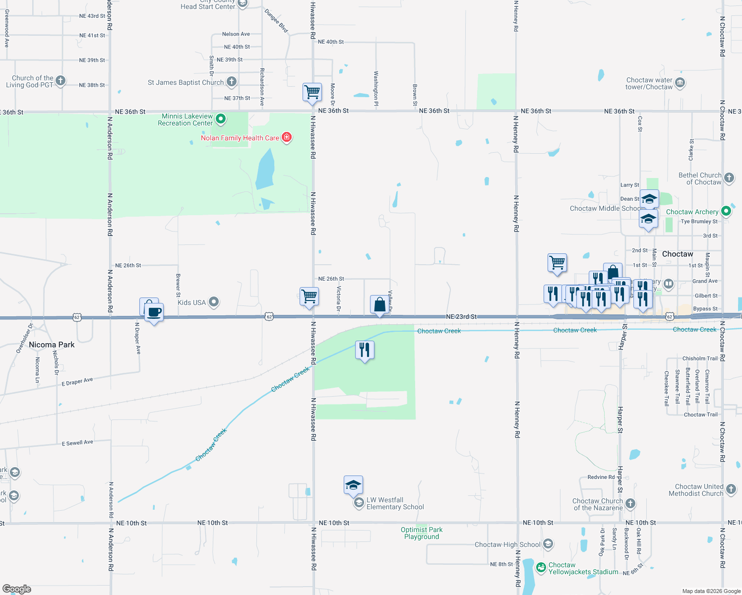 map of restaurants, bars, coffee shops, grocery stores, and more near 2540 Ridgecrest Drive in Choctaw