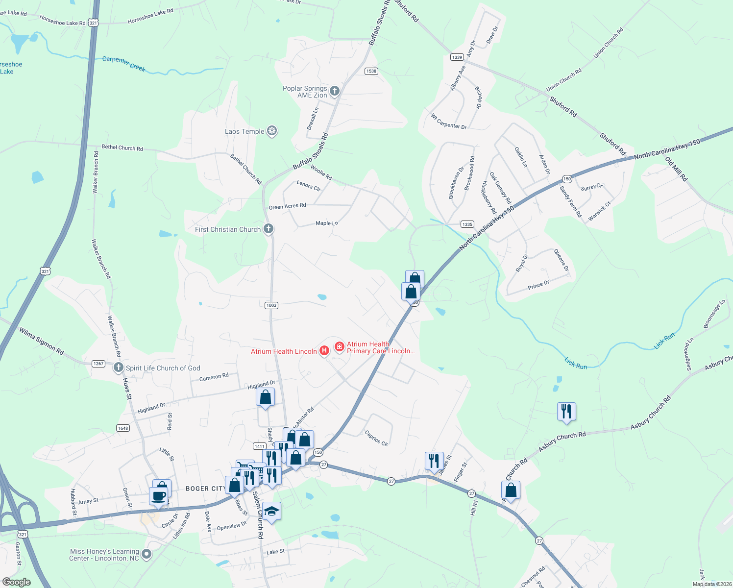 map of restaurants, bars, coffee shops, grocery stores, and more near 809 Fernwood Road in Lincolnton