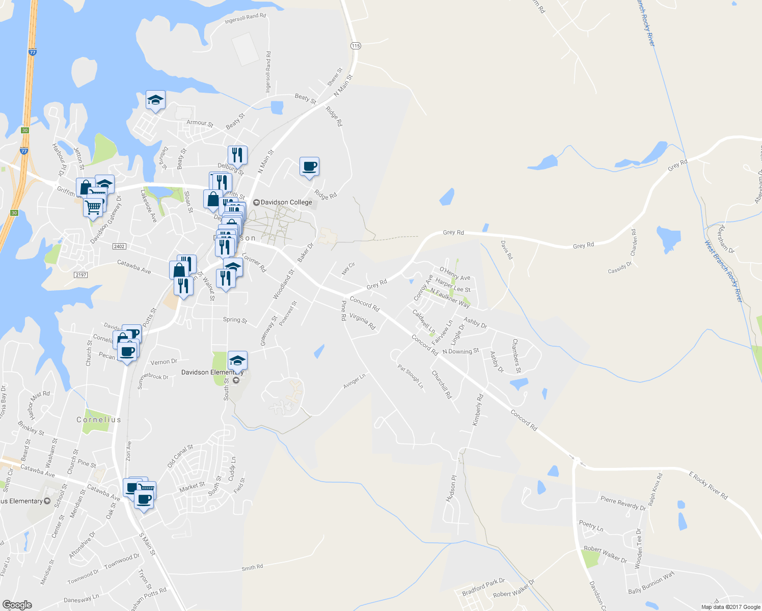 map of restaurants, bars, coffee shops, grocery stores, and more near 773 Concord Road in Davidson