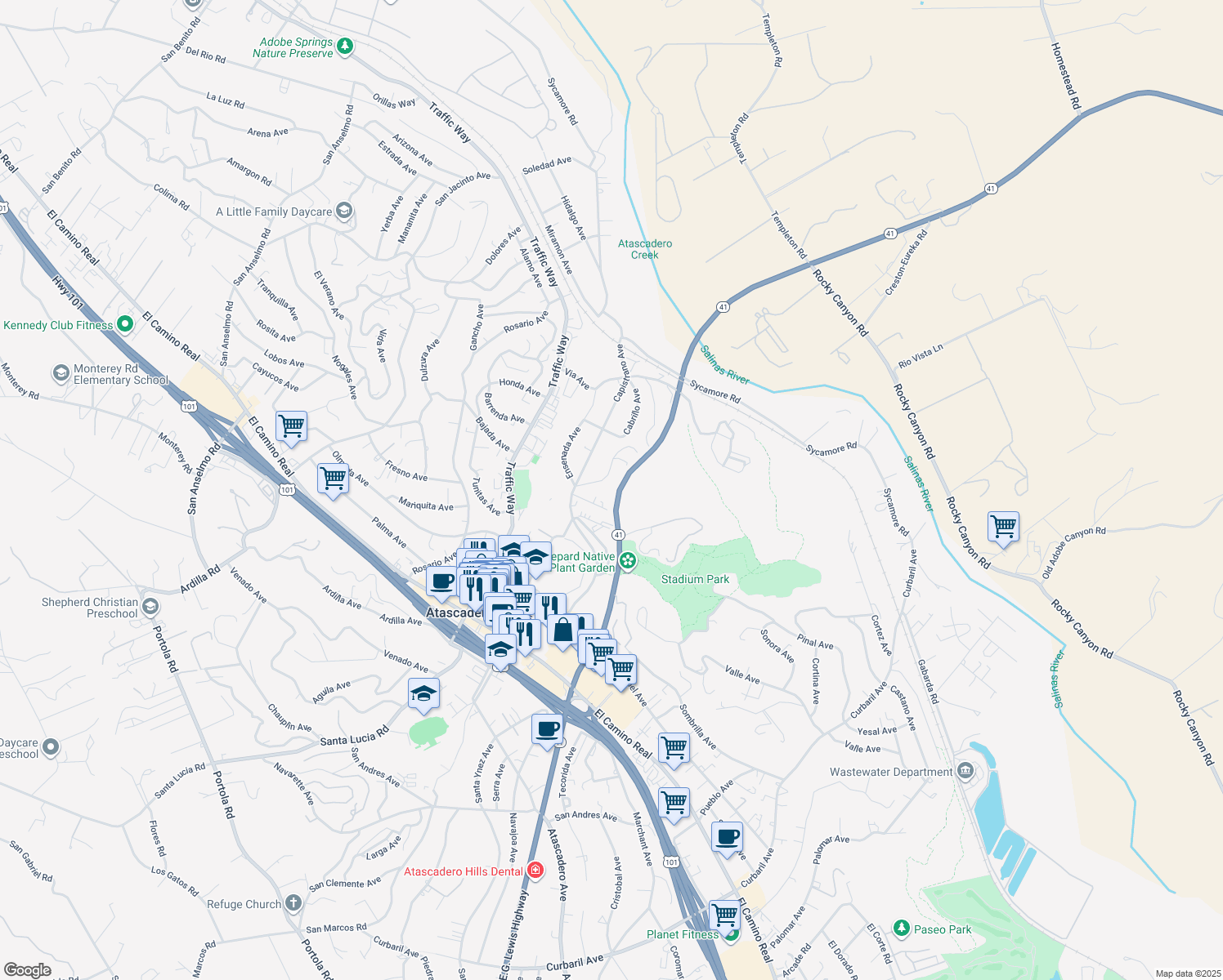 map of restaurants, bars, coffee shops, grocery stores, and more near 6907 Country Club Drive in Atascadero