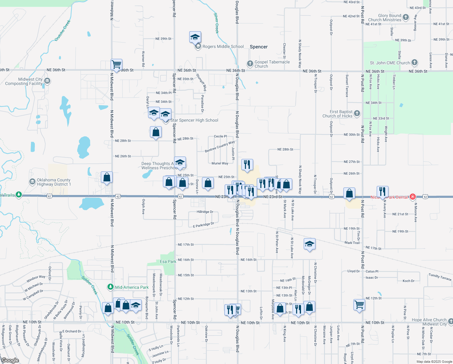 map of restaurants, bars, coffee shops, grocery stores, and more near 8908 Northeast 25th Street in Spencer