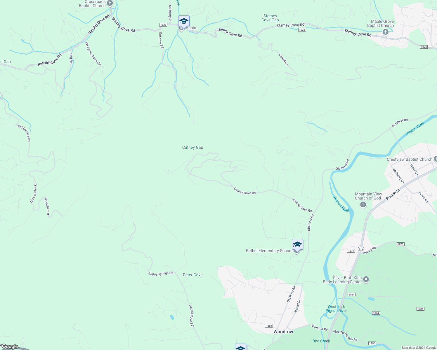 map of restaurants, bars, coffee shops, grocery stores, and more near 836 Cathey Cove Road in Waynesville