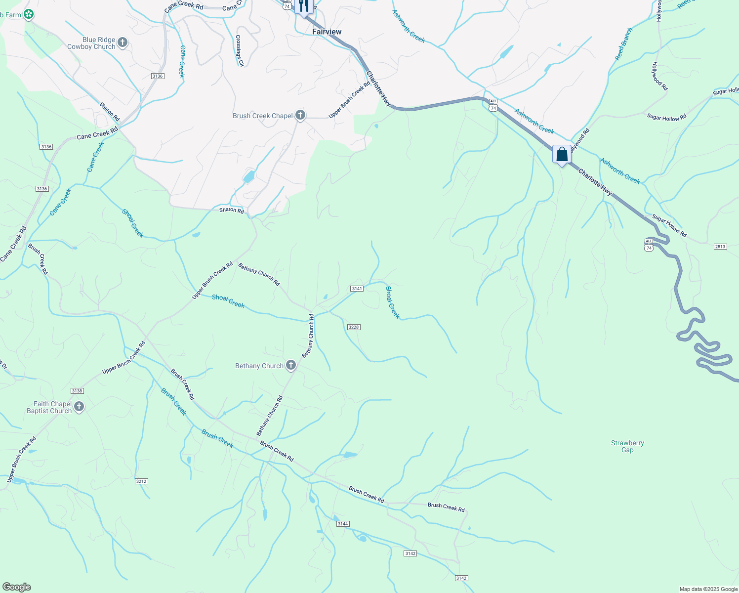 map of restaurants, bars, coffee shops, grocery stores, and more near 3 Mountain Country Acres in Fairview