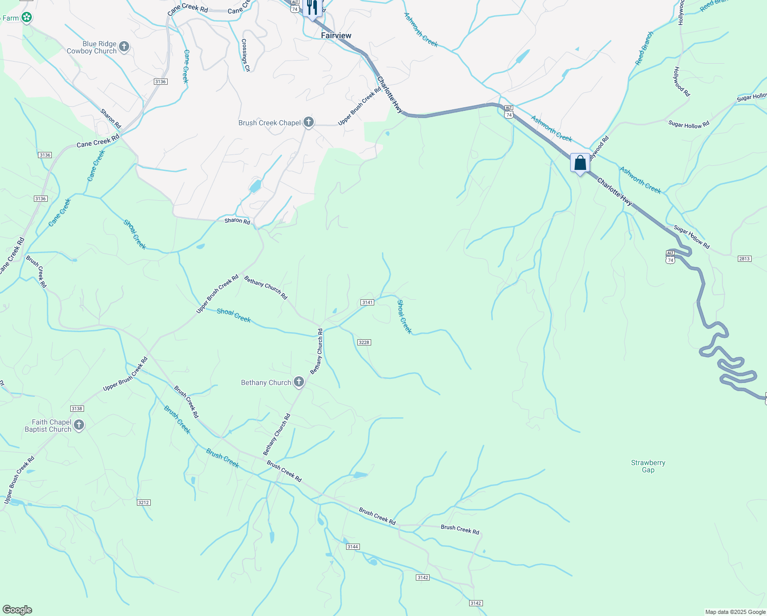 map of restaurants, bars, coffee shops, grocery stores, and more near 3 Mountain Country Acres in Fairview