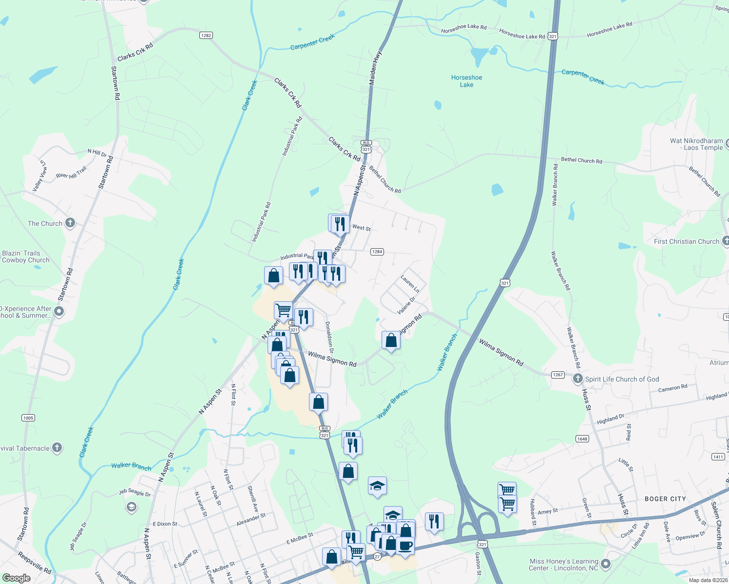 map of restaurants, bars, coffee shops, grocery stores, and more near 172 Shell Street in Lincolnton