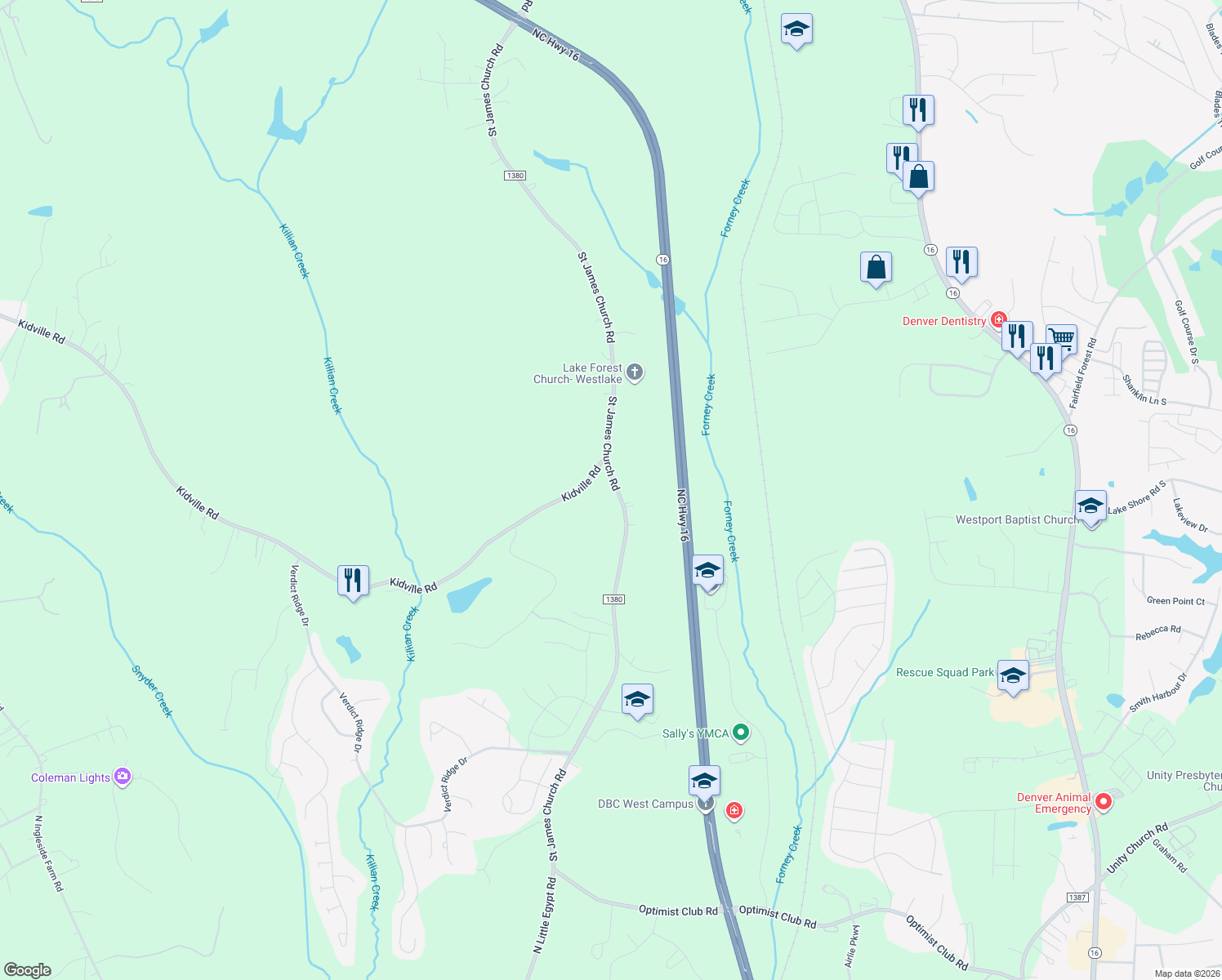 map of restaurants, bars, coffee shops, grocery stores, and more near 2137 Saint James Church Road in Denver