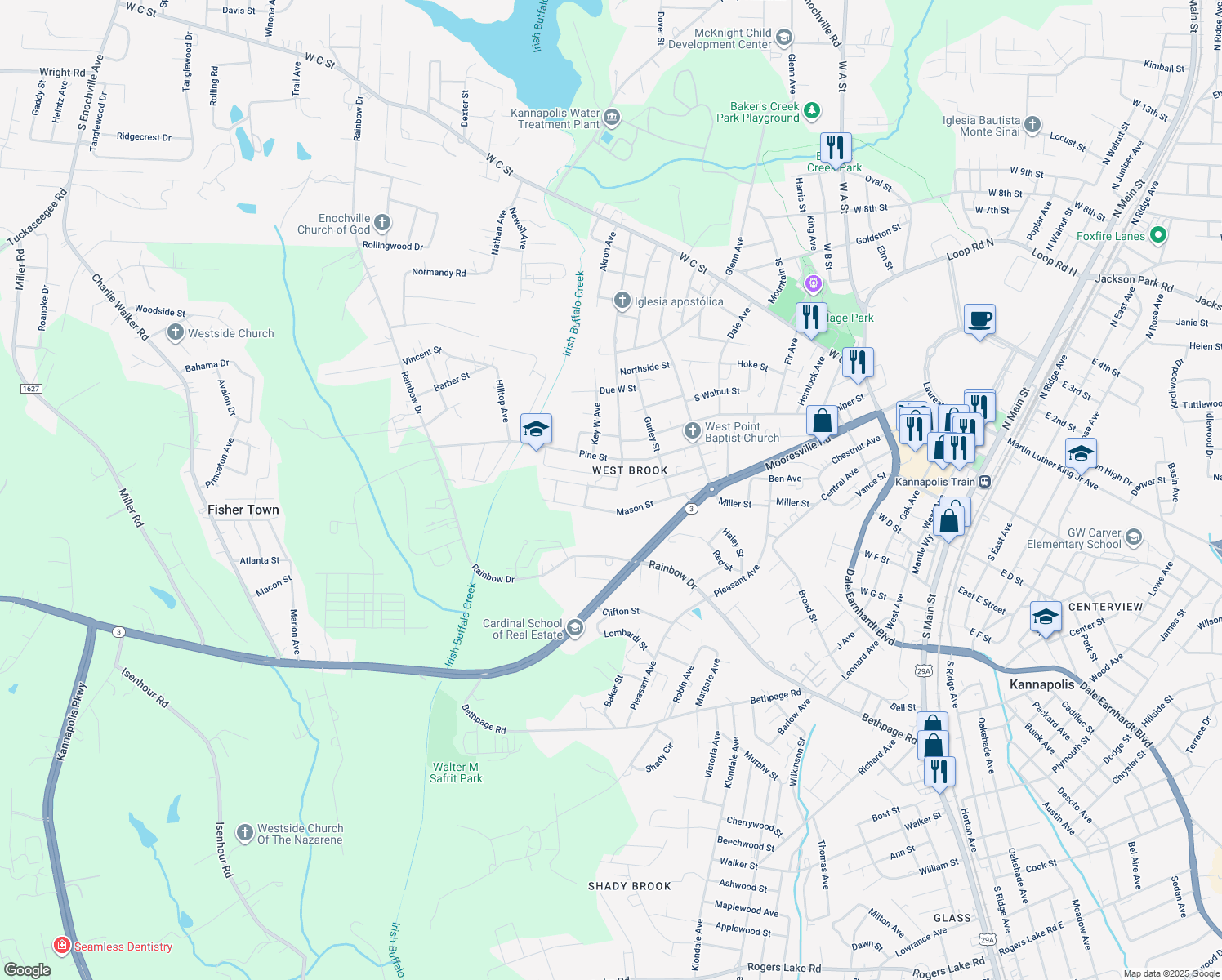 map of restaurants, bars, coffee shops, grocery stores, and more near 1302 Birch Street in Kannapolis