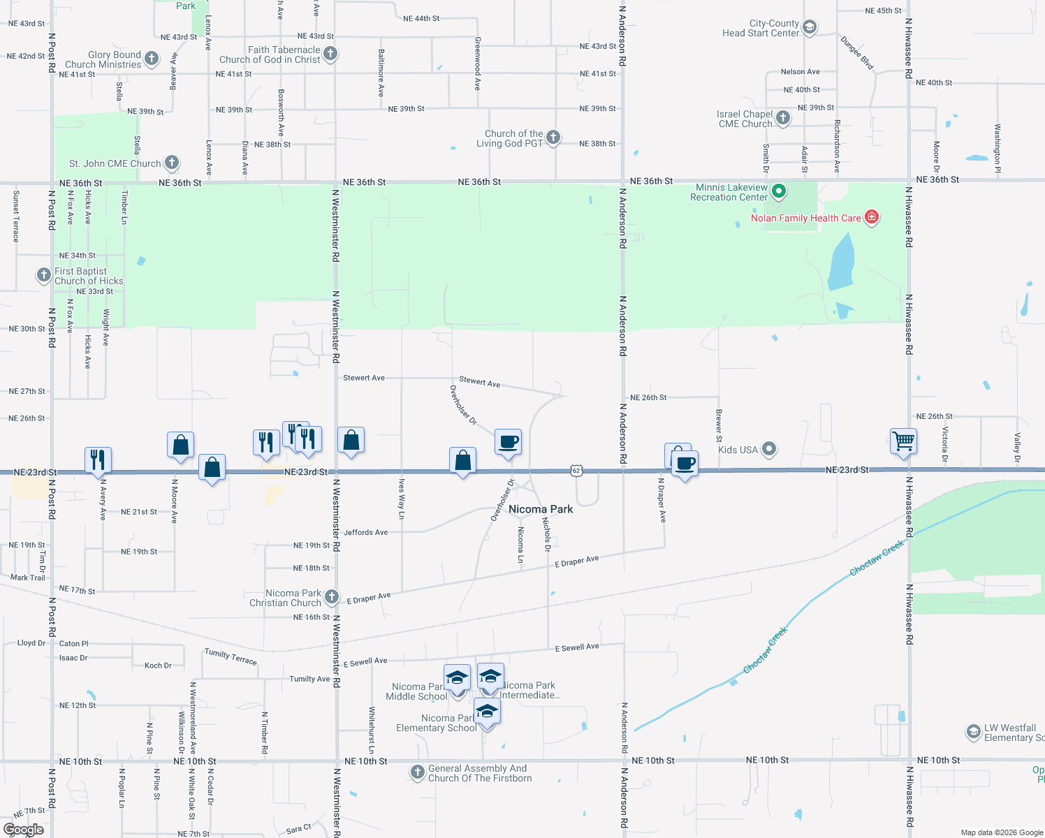 map of restaurants, bars, coffee shops, grocery stores, and more near 2543 Nichols Drive in Choctaw