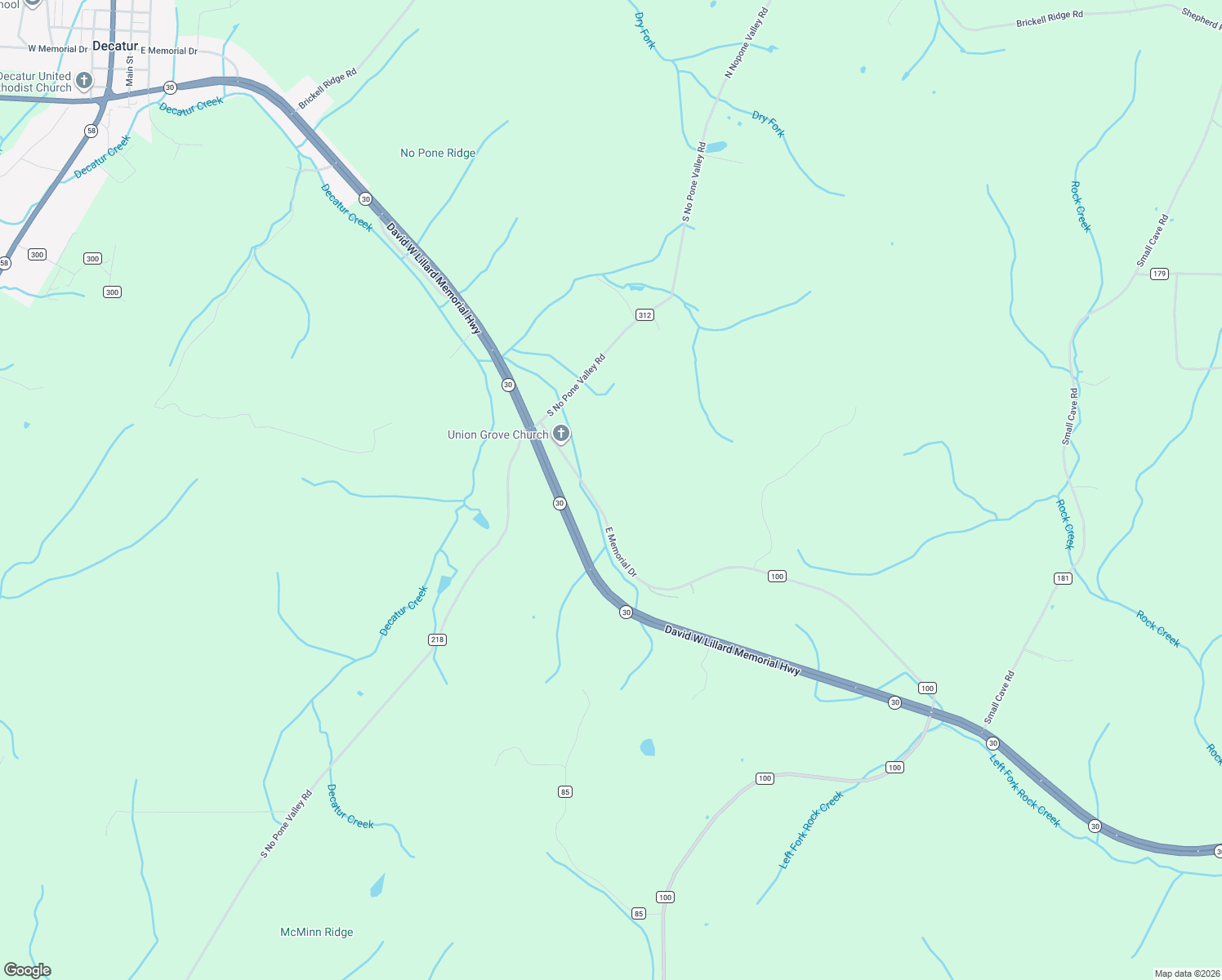 map of restaurants, bars, coffee shops, grocery stores, and more near 7901 Old Highway 30 East in Decatur