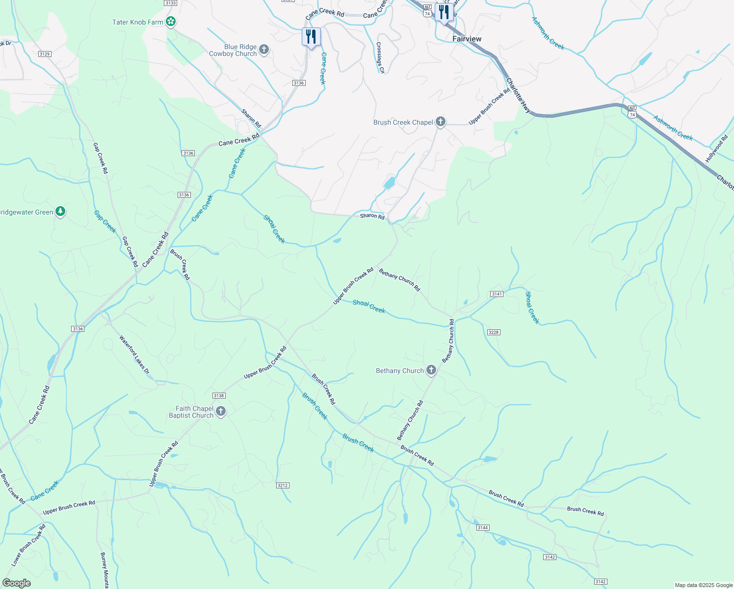 map of restaurants, bars, coffee shops, grocery stores, and more near 1097 Upper Brush Creek Road in Fairview