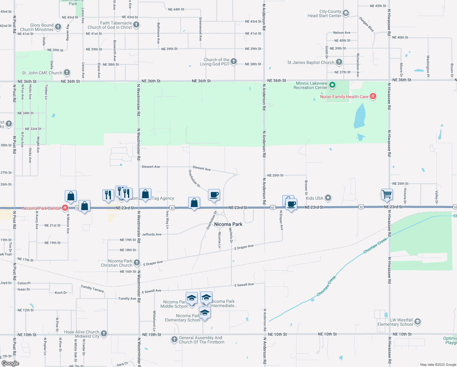 map of restaurants, bars, coffee shops, grocery stores, and more near 2598 Nichols Drive in Choctaw