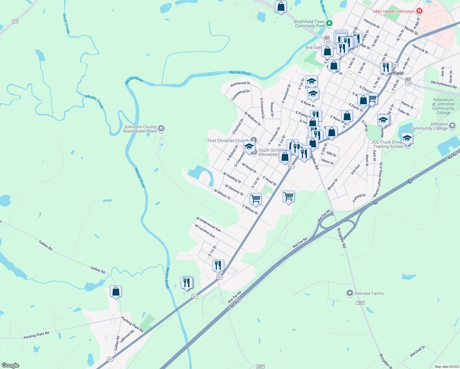 map of restaurants, bars, coffee shops, grocery stores, and more near 210 West Stevens Street in Smithfield