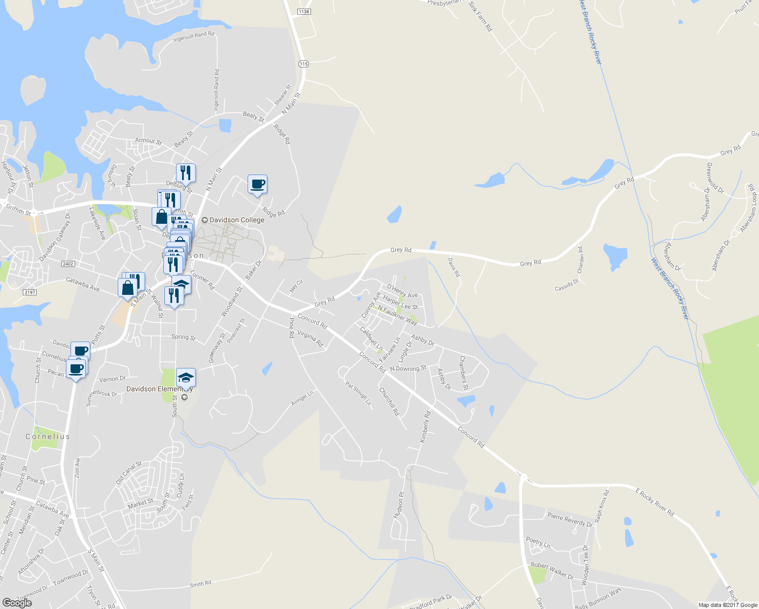 map of restaurants, bars, coffee shops, grocery stores, and more near 119 North Faulkner Way in Davidson