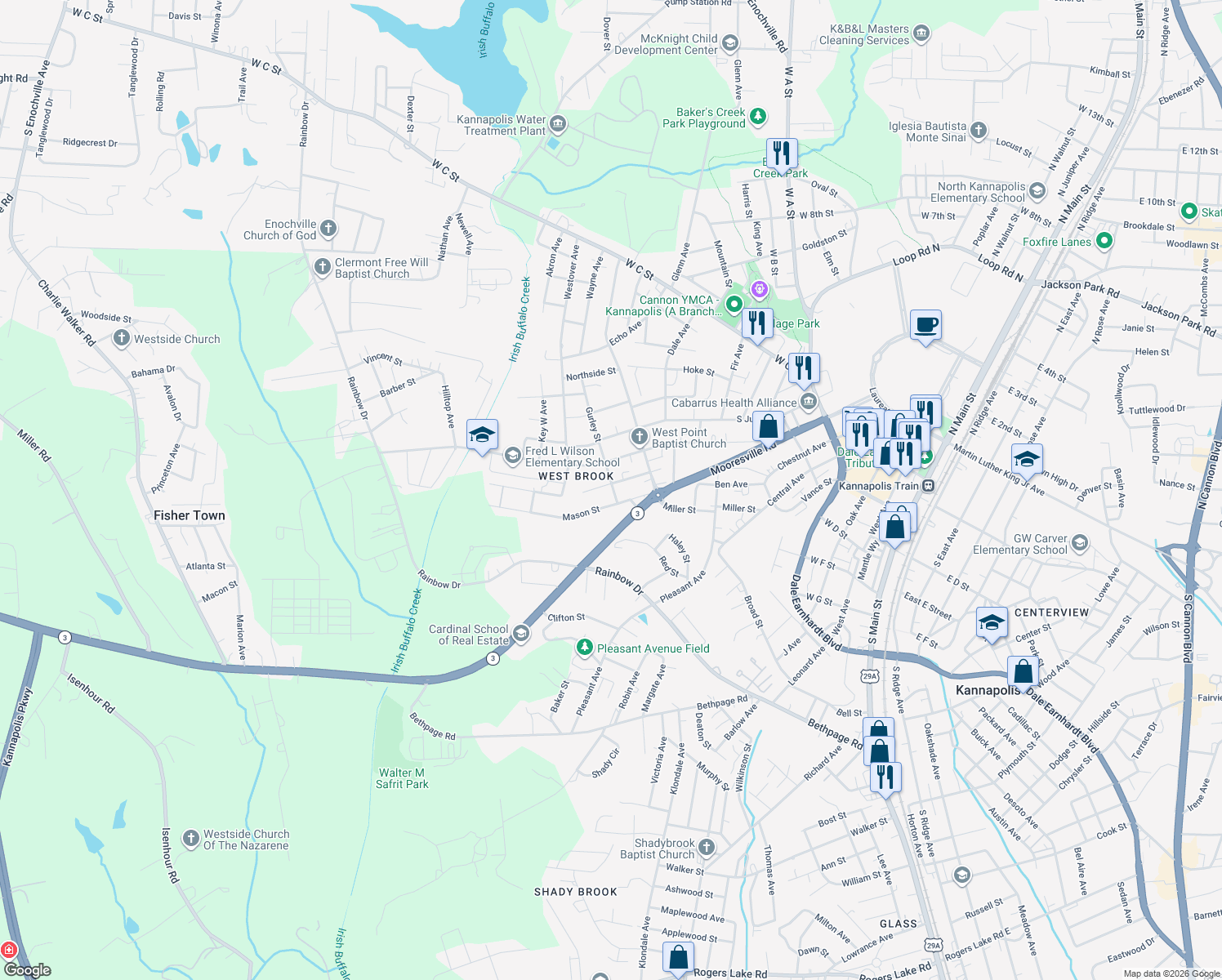 map of restaurants, bars, coffee shops, grocery stores, and more near 1201 Birch St in Kannapolis