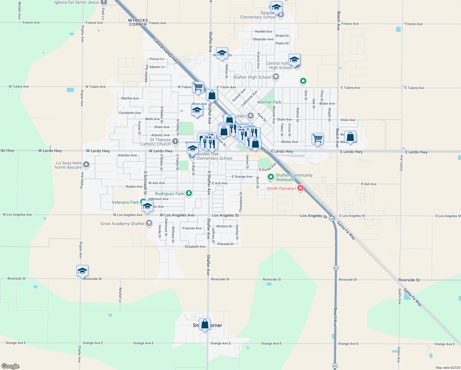 map of restaurants, bars, coffee shops, grocery stores, and more near 235 East Ash Avenue in Shafter