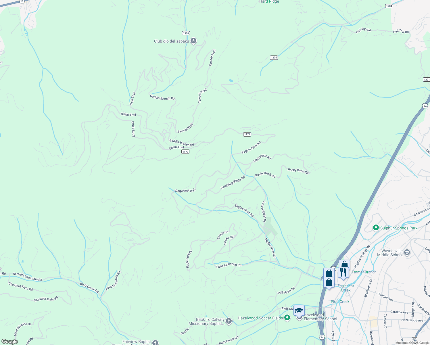 map of restaurants, bars, coffee shops, grocery stores, and more near 878 Dogwood Trail in Waynesville