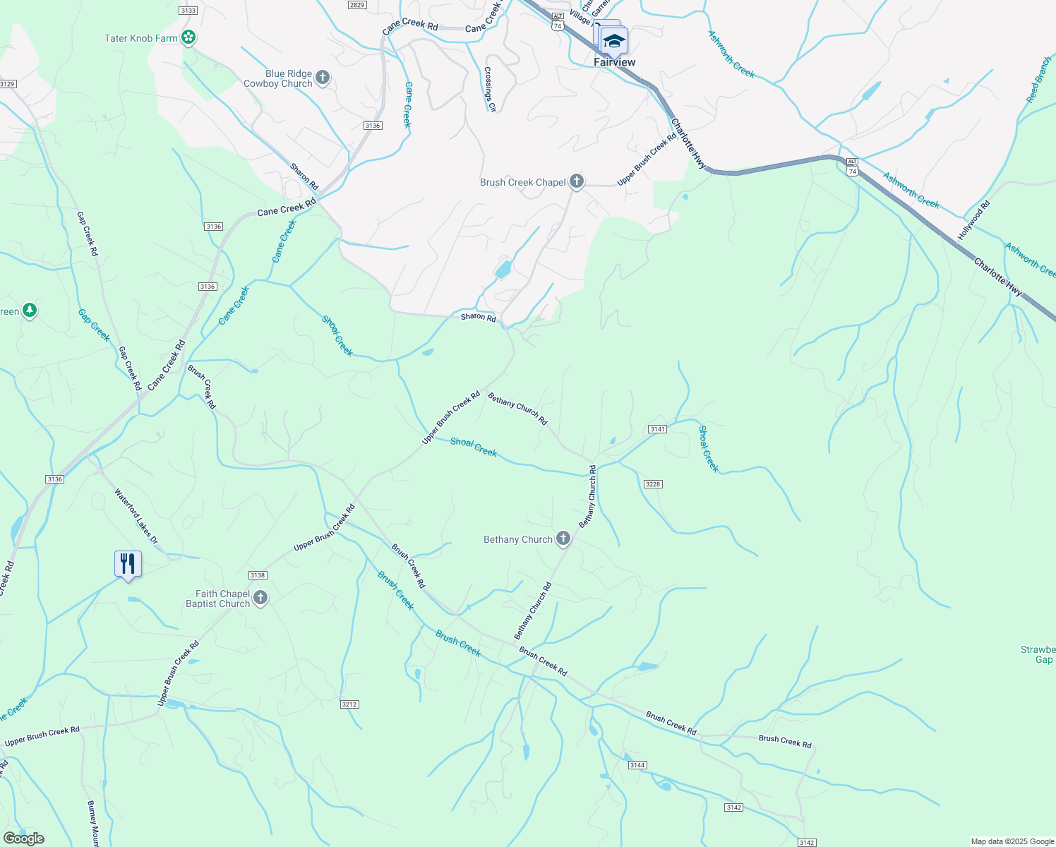 map of restaurants, bars, coffee shops, grocery stores, and more near 344 Bethany Church Road in Fairview
