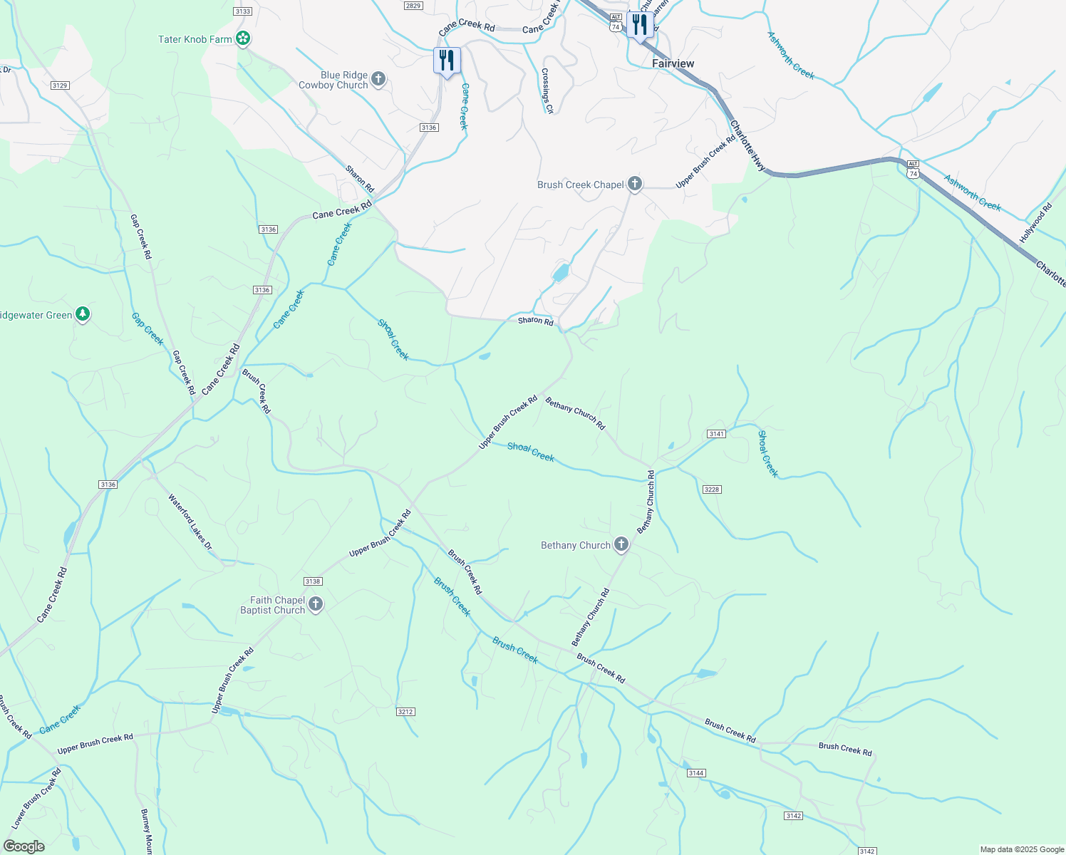 map of restaurants, bars, coffee shops, grocery stores, and more near 1097 Upper Brush Creek Road in Fairview