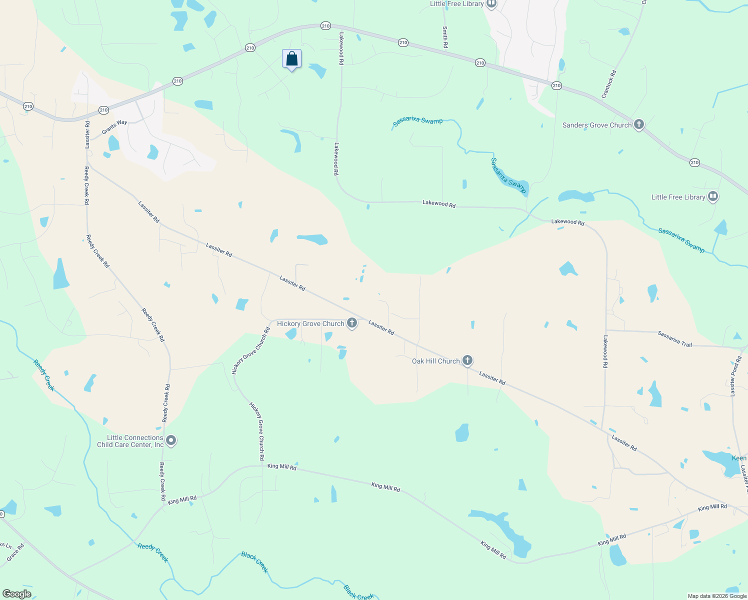 map of restaurants, bars, coffee shops, grocery stores, and more near 2446 Lassiter Rd in Four Oaks