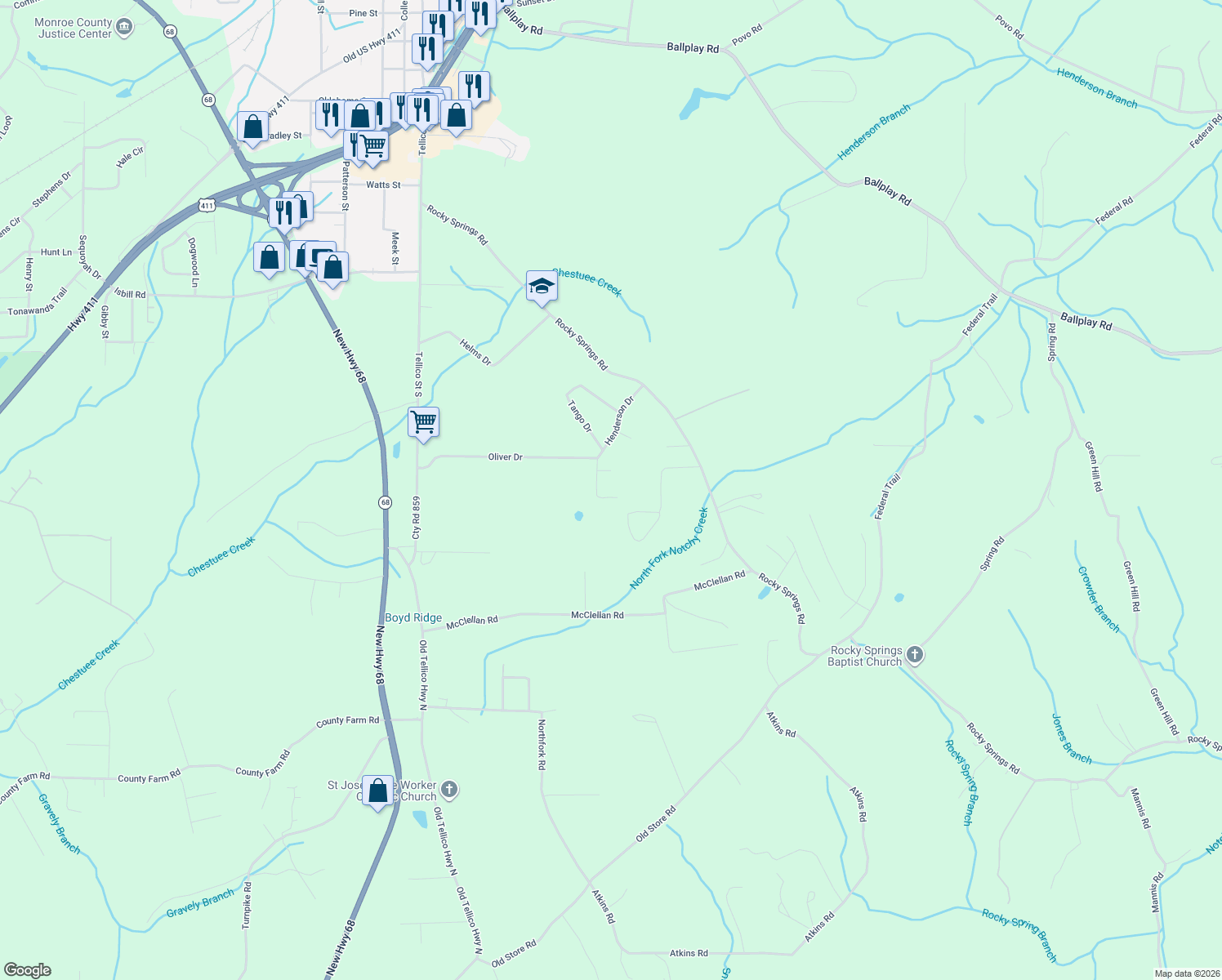 map of restaurants, bars, coffee shops, grocery stores, and more near 527 Henderson Drive in Madisonville