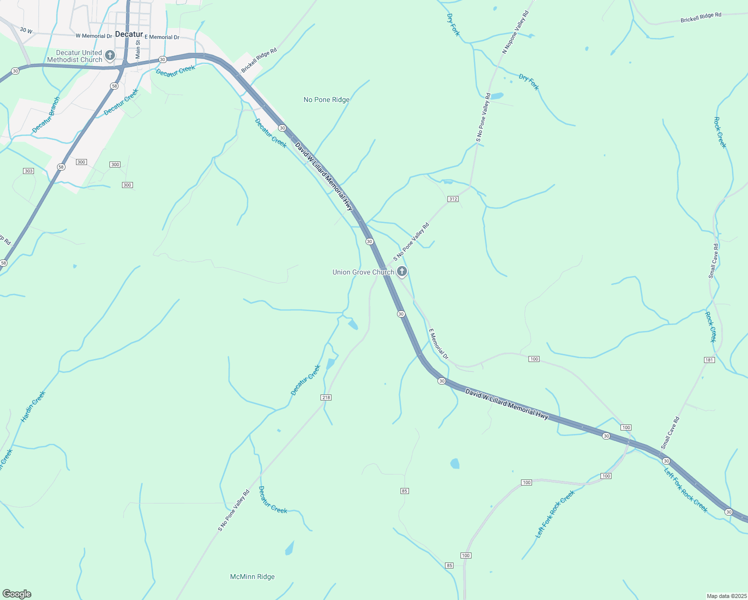 map of restaurants, bars, coffee shops, grocery stores, and more near No Pone Valley Road Northwest in Decatur