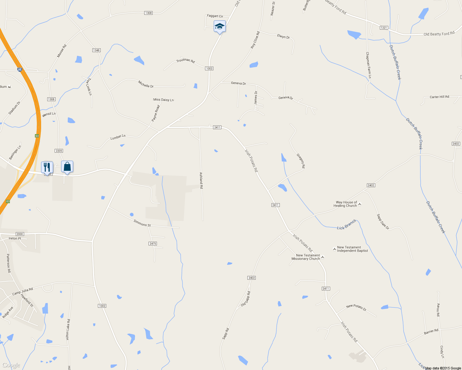 map of restaurants, bars, coffee shops, grocery stores, and more near 5875 Irish Potato Road in Kannapolis