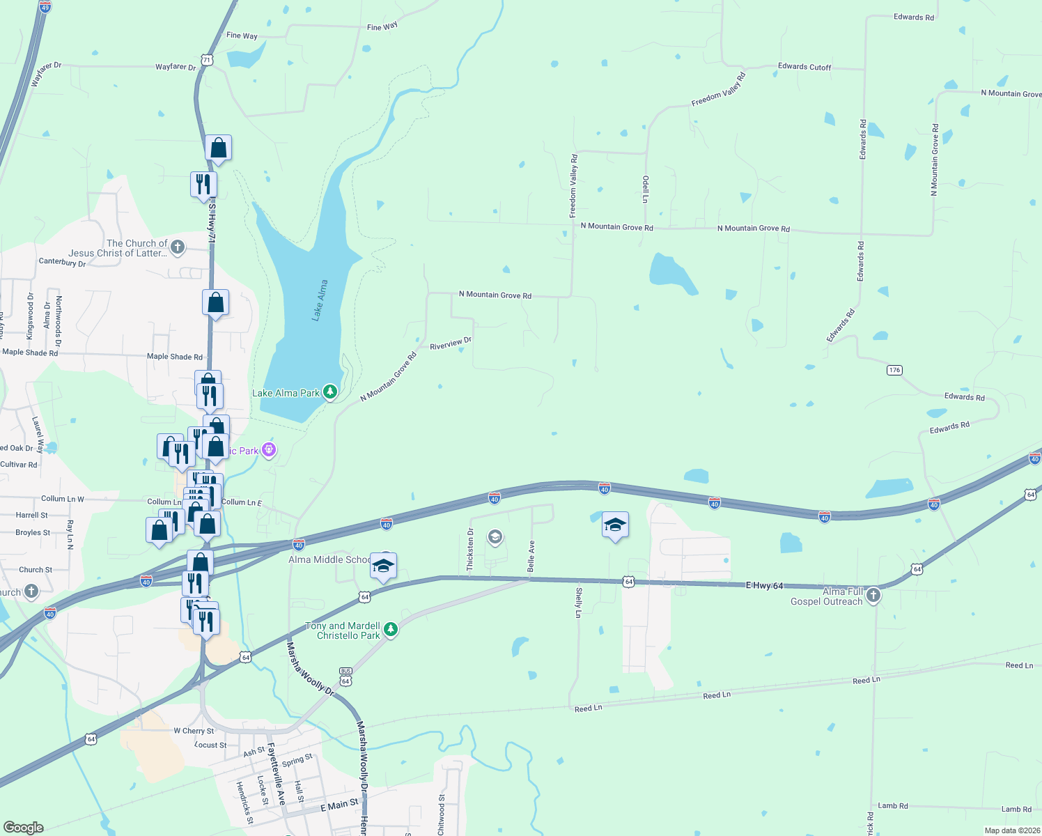 map of restaurants, bars, coffee shops, grocery stores, and more near 1100 Ridgeview Drive in Alma