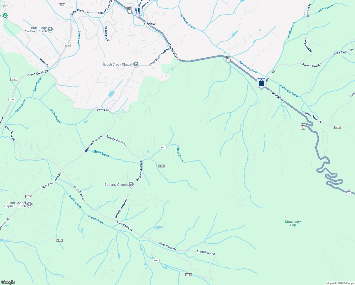 map of restaurants, bars, coffee shops, grocery stores, and more near 86 Fox Branch Road in Fairview