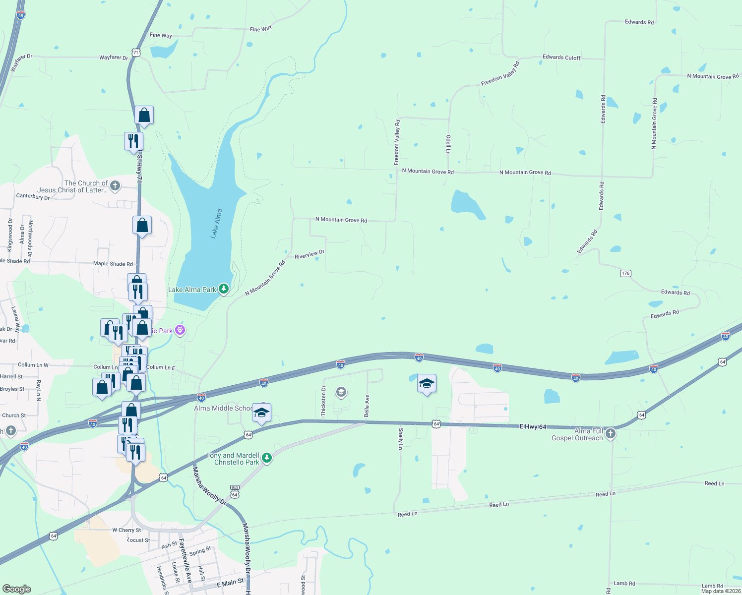 map of restaurants, bars, coffee shops, grocery stores, and more near 1100 Ridgeview Drive in Alma