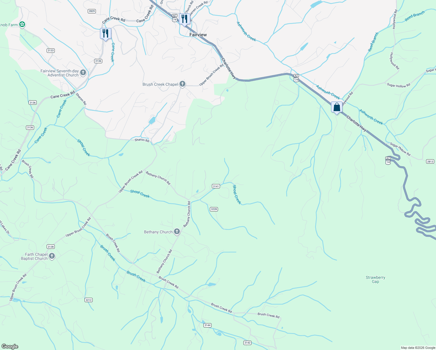 map of restaurants, bars, coffee shops, grocery stores, and more near 62 Fox Branch Road in Fairview