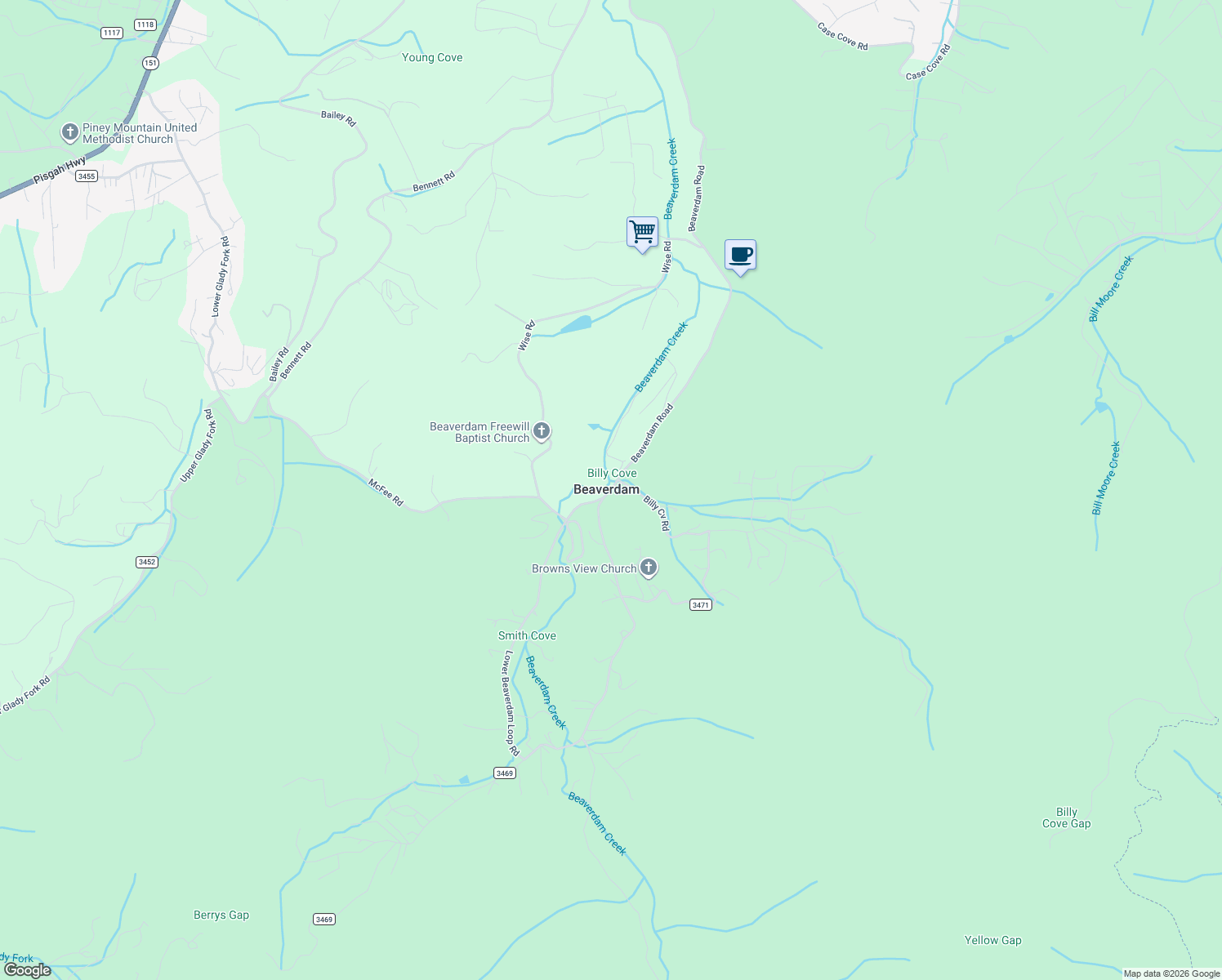 map of restaurants, bars, coffee shops, grocery stores, and more near North Beaverdam Road in Buncombe County