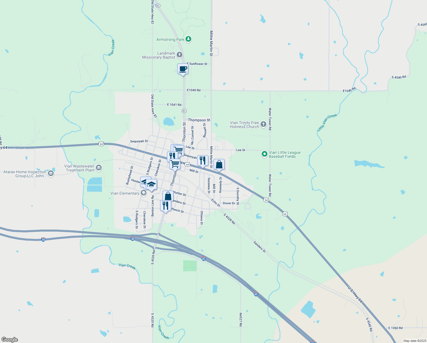 map of restaurants, bars, coffee shops, grocery stores, and more near 614 Schley Street in Vian